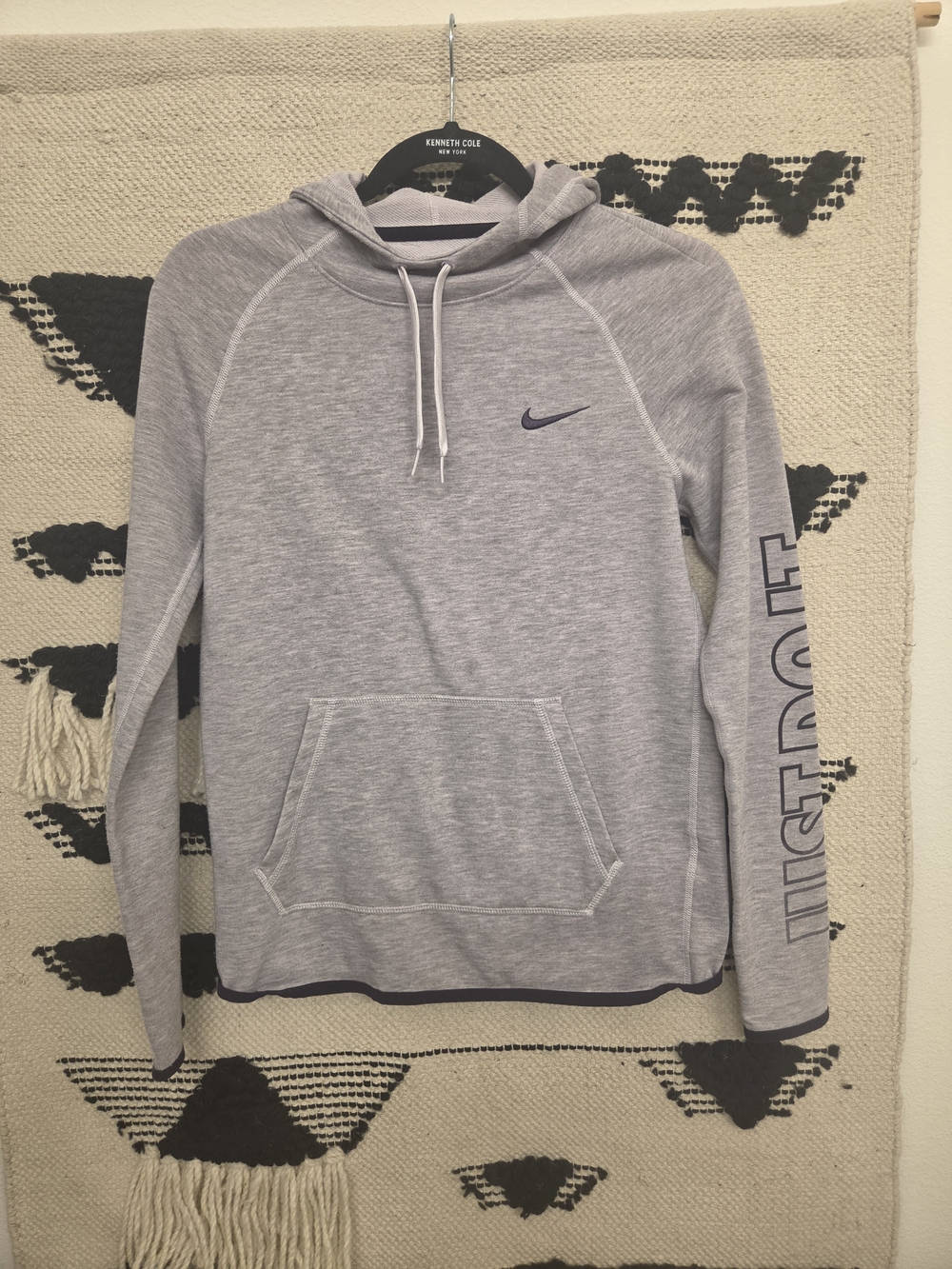 Nike Gray Pullover Hoodie with Navy Swoosh and Sleeve Script